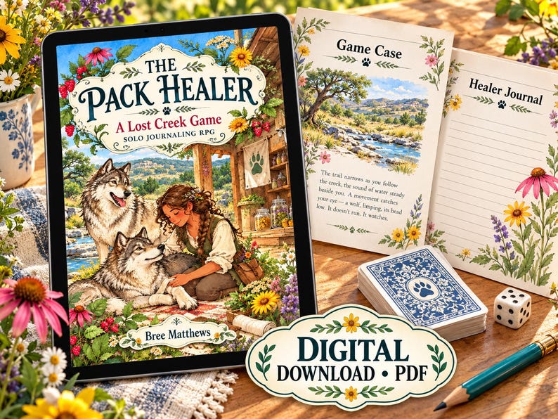 May include: A digital solo journaling RPG titled The Pack Healer by Bree Matthews, displayed on a tablet screen alongside a printed game case, a lined healer journal, a deck of blue patterned cards, a white die, and a pencil.