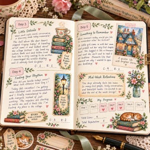 May include: An open journal featuring handwritten entries, floral illustrations, and stickers. The pages include sections titled Day 3, Day 4, Day 5, and Mid-Week Reflections, decorated with images of a bookstore, a cat, and stacks of books.