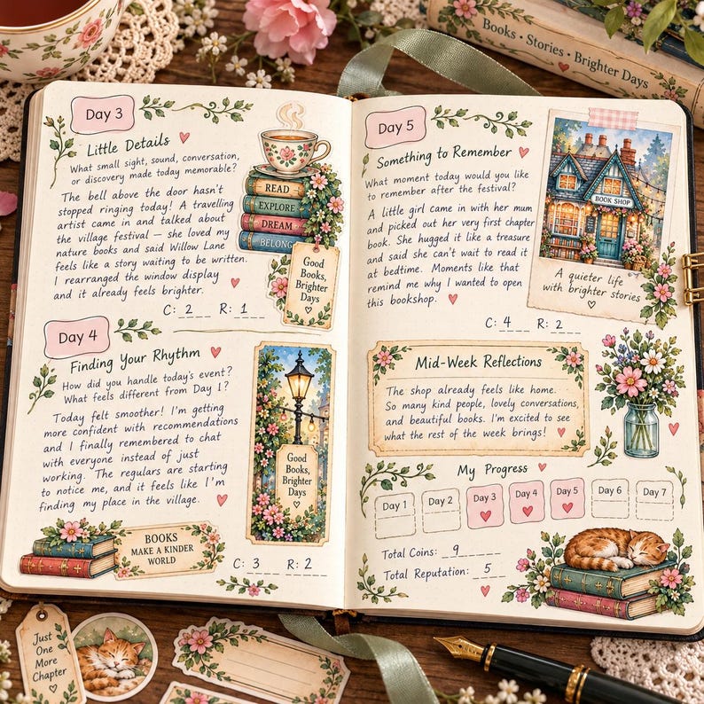 May include: An open journal featuring handwritten entries, floral illustrations, and stickers. The pages include sections titled Day 3, Day 4, Day 5, and Mid-Week Reflections, decorated with images of a bookstore, a cat, and stacks of books.