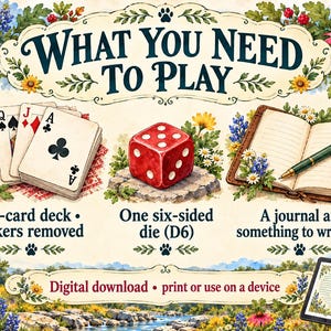 May include: A game instruction graphic titled WHAT YOU NEED TO PLAY featuring a deck of playing cards, a red six-sided die, and an open journal with a pen. Text includes 52-card deck, one six-sided die, and digital download, print or use on a device.