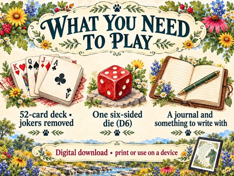 May include: A game instruction graphic titled WHAT YOU NEED TO PLAY featuring a deck of playing cards, a red six-sided die, and an open journal with a pen. Text includes 52-card deck, one six-sided die, and digital download, print or use on a device.