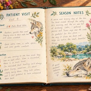 May include: An open journal with handwritten text and watercolor illustrations. The left page is titled Patient Visit and details a case involving a wolf. The right page is titled Season Notes and features a landscape painting of a creek and a resting wolf.