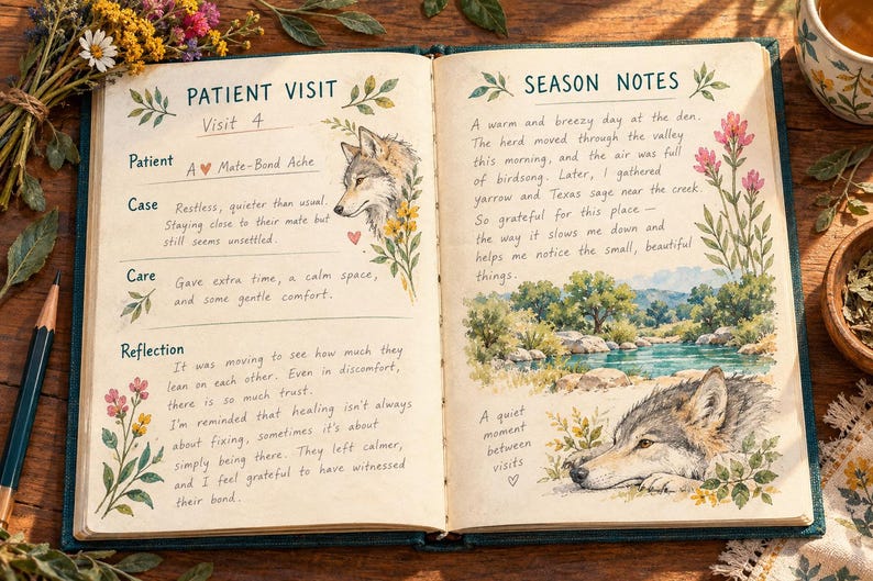 May include: An open journal with handwritten text and watercolor illustrations. The left page is titled Patient Visit and details a case involving a wolf. The right page is titled Season Notes and features a landscape painting of a creek and a resting wolf.