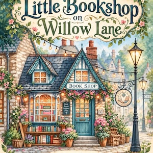 May include: A book cover illustration titled The Little Bookshop on Willow Lane by Bree Matthews. It depicts a stone building with a blue door, a large window filled with books, flower boxes, and a street lamp. Text reads: The Little Bookshop on Willow Lane, Book Shop, Good Books Brighter Days, A Cozy Solo RPG, Bree Matthews.