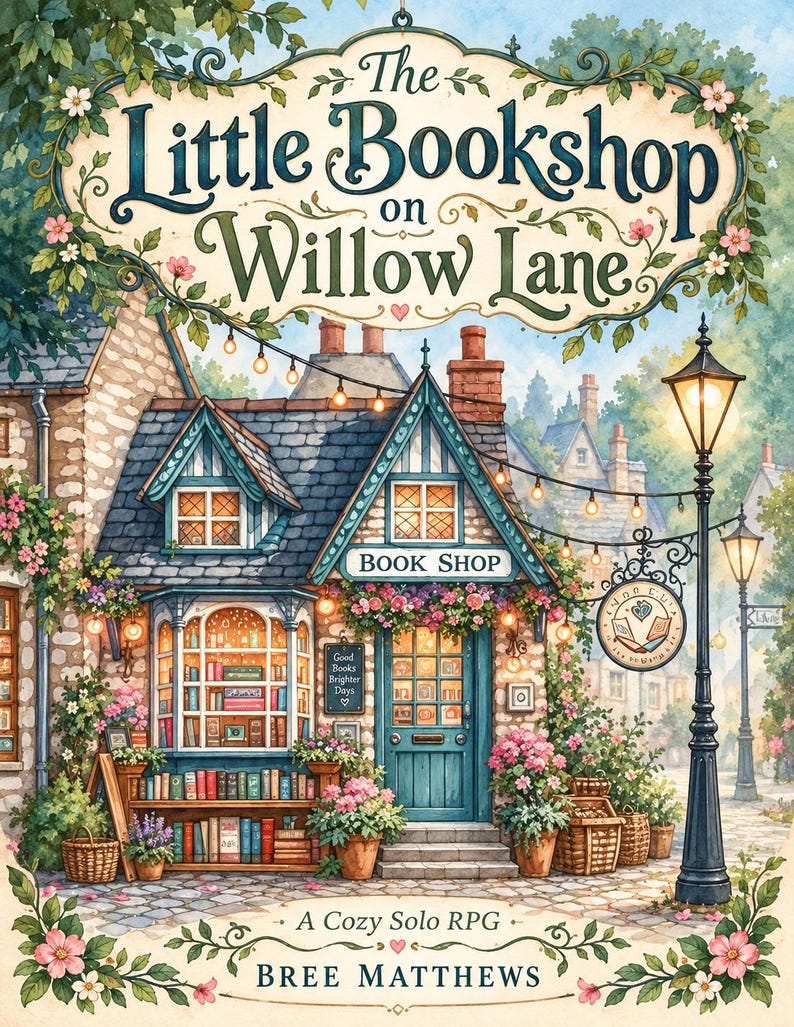 May include: A book cover illustration titled The Little Bookshop on Willow Lane by Bree Matthews. It depicts a stone building with a blue door, a large window filled with books, flower boxes, and a street lamp. Text reads: The Little Bookshop on Willow Lane, Book Shop, Good Books Brighter Days, A Cozy Solo RPG, Bree Matthews.