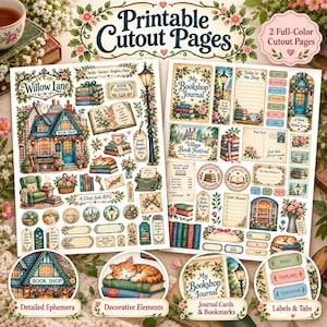 May include: Two printable cutout pages featuring Willow Lane bookshop themes. The sheets include illustrations of a bookshop, stacks of books, a sleeping cat, a green armchair, a street lamp, journal cards, bookmarks, labels, and tabs with floral accents.
