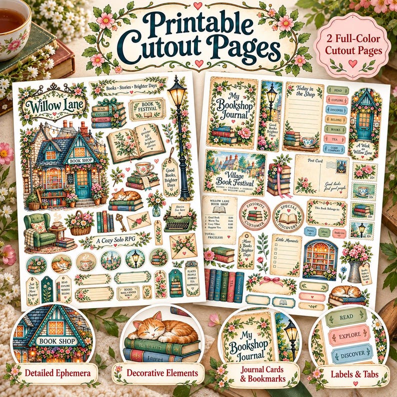 May include: Two printable cutout pages featuring Willow Lane bookshop themes. The sheets include illustrations of a bookshop, stacks of books, a sleeping cat, a green armchair, a street lamp, journal cards, bookmarks, labels, and tabs with floral accents.