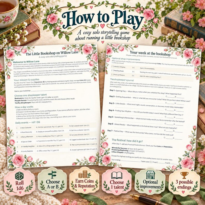 May include: A solo storytelling game titled How to Play: The Little Bookshop on Willow Lane, featuring two printed instruction sheets with floral borders, six decorative game tokens, and a fountain pen on a textured surface.