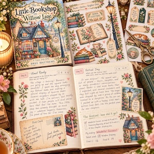 May include: An open book titled The Little Bookshop on Willow Lane by Bree Matthews, alongside a journal with handwritten entries for Day 6 and Day 7, decorated with floral illustrations, stickers of a cat, books, and a lamp post.