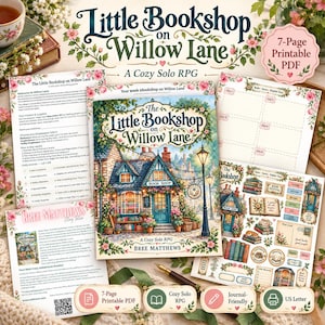May include: A 7-page printable PDF titled Little Bookshop on Willow Lane, a cozy solo RPG by Bree Matthews. The set includes game instruction sheets, a journal-friendly layout, and decorative stickers featuring bookshop illustrations.