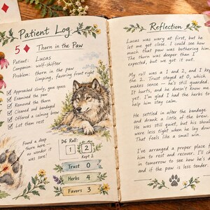 May include: An open journal page titled Patient Log featuring a hand-drawn wolf illustration, floral borders, and handwritten text about a wolf-shifter named Lucas. The page includes a paw print diagram, D6 roll boxes, and a reflection section.