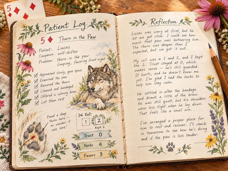 May include: An open journal page titled Patient Log featuring a hand-drawn wolf illustration, floral borders, and handwritten text about a wolf-shifter named Lucas. The page includes a paw print diagram, D6 roll boxes, and a reflection section.