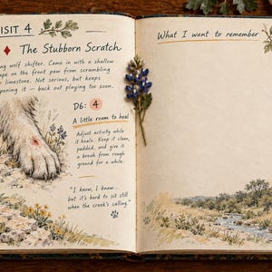May include: An open journal page titled Visit 4 The Stubborn Scratch, featuring a watercolor illustration of a wolf paw with a wound, handwritten notes, a pressed blue flower, and a landscape painting of a creek at the bottom.