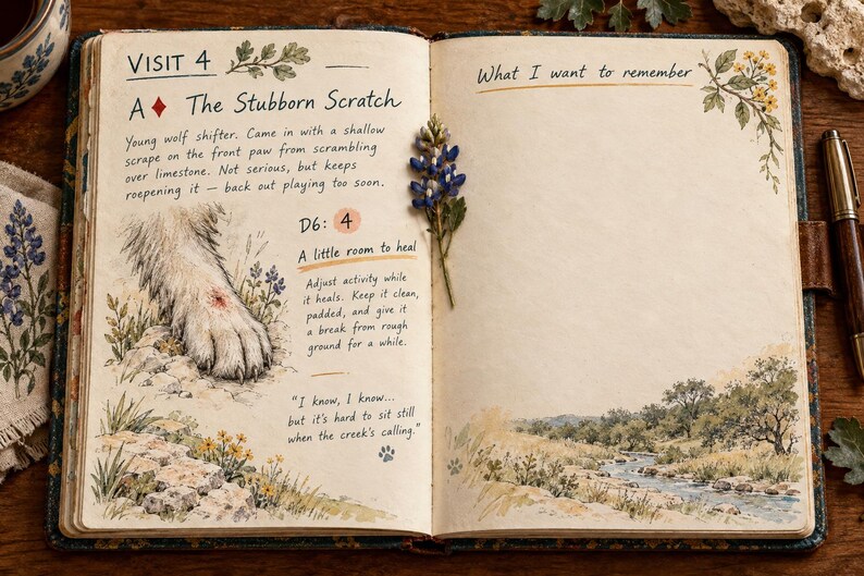 May include: An open journal page titled Visit 4 The Stubborn Scratch, featuring a watercolor illustration of a wolf paw with a wound, handwritten notes, a pressed blue flower, and a landscape painting of a creek at the bottom.