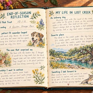 May include: An open journal with handwritten text and watercolor illustrations. The left page is titled End-of-Season Reflection and features a dog, a fawn, and floral accents. The right page is titled My Life in Lost Creek with a landscape painting of a creek and a sleeping wolf.