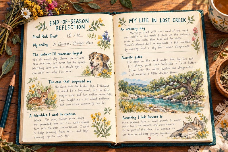 May include: An open journal with handwritten text and watercolor illustrations. The left page is titled End-of-Season Reflection and features a dog, a fawn, and floral accents. The right page is titled My Life in Lost Creek with a landscape painting of a creek and a sleeping wolf.