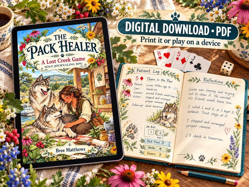 May include: A digital download PDF solo journaling RPG titled The Pack Healer by Bree Matthews, displayed on a tablet screen next to an open physical journal with a patient log, playing cards, a die, and a pencil on a floral surface.