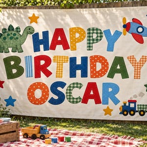Fondo personalizado de dinosaurios para cumpleaños, pancarta con nombre personalizado, tren y avión (lino o vinilo).