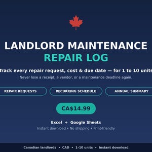 Può includere: Un modello digitale di registro di manutenzione per proprietari di immobili per Excel e Google Sheets. La grafica blu scuro presenta una foglia d'acero rossa, testo bianco e verde acqua, e pulsanti per Repair Requests, Recurring Schedule e Annual Summary.