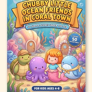 May include: A printable PDF coloring book titled Chubby Little Ocean Friends in Coral Town, featuring 56 pages in US Letter and A4 sizes. The cover shows a turtle, octopus, mermaid, and whale in an underwater scene with coral houses.