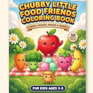 Food Coloring Book for Kids, 50 Fruit Veggie and Cupcake Friends, Printable PDF, Ages 3-5 image 2