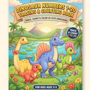 May include: A printable PDF tracing and counting book titled Dinosaur Numbers 1-20 Tracing & Counting Book, featuring colorful illustrations of dinosaurs in a landscape. Includes 67 pages for US Letter and A4 paper sizes for instant download.