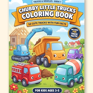 May include: A printable PDF coloring book titled Chubby Little Trucks Coloring Book, Trucks & Vehicles Book 1, featuring 50 cute trucks with fun facts for kids ages 3-5. The cover shows a blue excavator, orange dump truck, red fire truck, and green cement mixer.