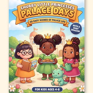 May include: A printable PDF coloring book titled Chubby Little Princesses Palace Days, Book 2, featuring 56 pages of 50 scenes of palace life for kids ages 4-8. The cover shows three princesses and a baby dragon in a garden.
