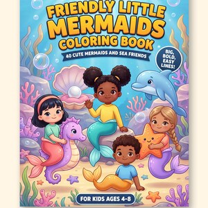 May include: A colouring book titled Friendly Little Mermaids Ocean World Book 3 featuring illustrations of mermaids and sea creatures. The cover shows four mermaids, a dolphin, and a seahorse in an underwater scene with text including 40 cute mermaids and sea friends and for kids ages 4-8.
