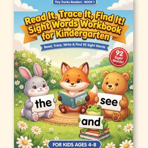 May include: A printable PDF sight words workbook for kindergarten titled Read It, Trace It, Find It! featuring illustrations of a rabbit, fox, bear, and frog holding signs with the words the, see, and, and 92 sight words total.