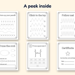 Pode incluir: Seis folhas de exerc&iacute;cios educativas em preto e branco com o t&iacute;tulo A peek inside. As p&aacute;ginas apresentam exerc&iacute;cios de tra&ccedil;ado com linhas, ziguezagues, ovais e a letra H, al&eacute;m de uma p&aacute;gina de certificado com linhas para nome e data.