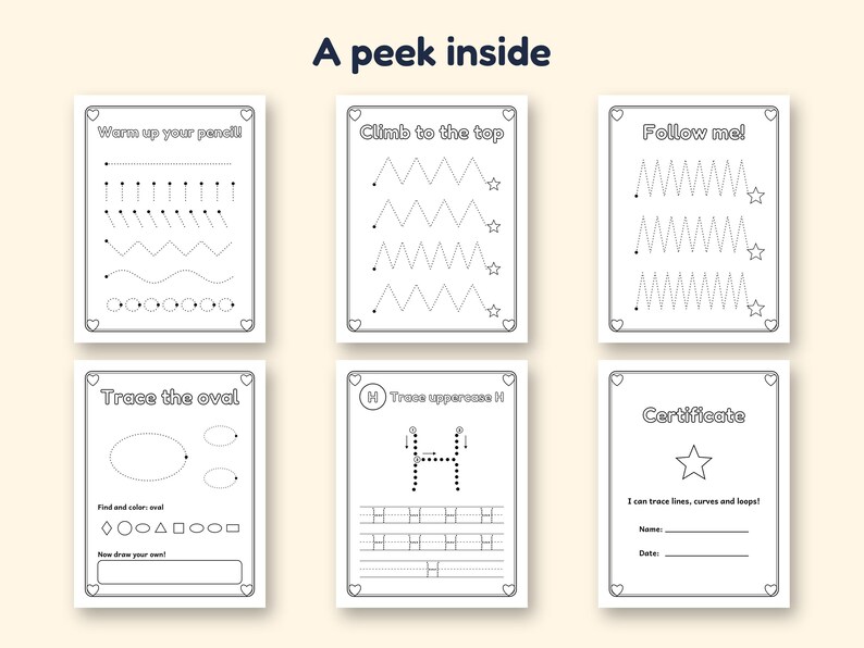 Pode incluir: Seis folhas de exerc&iacute;cios educativas em preto e branco com o t&iacute;tulo A peek inside. As p&aacute;ginas apresentam exerc&iacute;cios de tra&ccedil;ado com linhas, ziguezagues, ovais e a letra H, al&eacute;m de uma p&aacute;gina de certificado com linhas para nome e data.