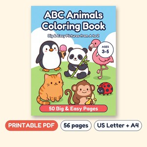 ABC Coloring Book for Preschool, A to Z Animals, Printable PDF, Ages 3-5