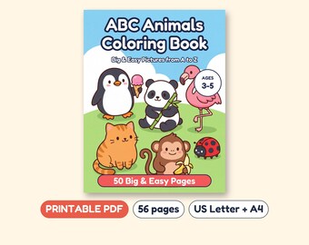 ABC Coloring Book for Preschool, A to Z Animals, Printable PDF, Ages 3-5