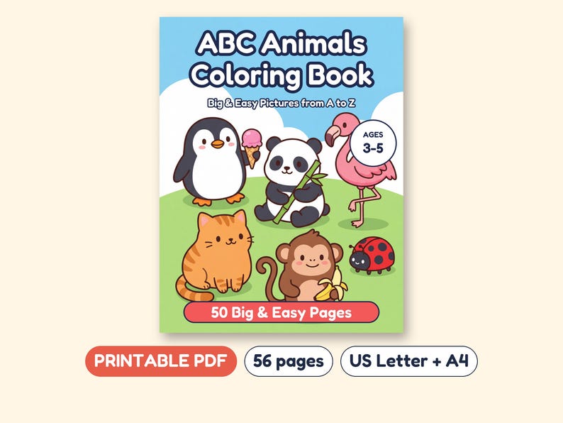 ABC Coloring Book for Preschool, A to Z Animals, Printable PDF, Ages 3-5 image 1