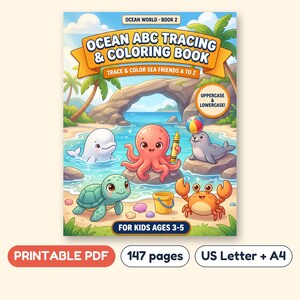 Ocean Alphabet Tracing Workbook, Uppercase and Lowercase Letters, Printable PDF, Ages 3-5