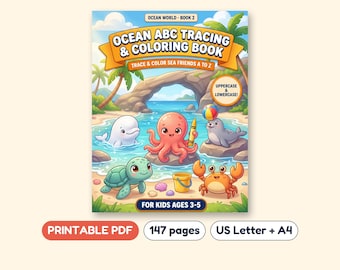 Ocean Alphabet Tracing Workbook, Uppercase and Lowercase Letters, Printable PDF, Ages 3-5