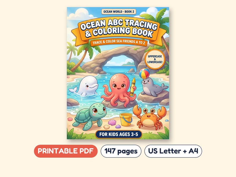 Ocean Alphabet Tracing Workbook, Uppercase and Lowercase Letters, Printable PDF, Ages 3-5 image 1