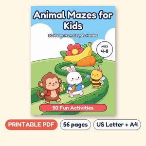 Animal Mazes for Kids, 50 Maze Puzzles for Pencil Control, Printable PDF, Ages 4-8 image 1