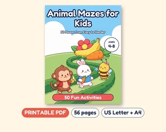 Animal Mazes for Kids, 50 Maze Puzzles for Pencil Control, Printable PDF, Ages 4-8