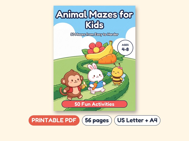 Animal Mazes for Kids, 50 Maze Puzzles for Pencil Control, Printable PDF, Ages 4-8 image 1