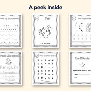 May include: Six educational activity sheets with black and white line art. Pages feature tracing exercises, letter recognition, and word practice with themes like fish, penguins, and a certificate titled A peek inside.
