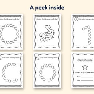 May include: Six printable activity sheets titled A peek inside, featuring black and white outlines of circles, a rabbit, the number 1, letters C and O, and a certificate with lines for name and date, all framed by a border of small circles.