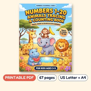 Number Tracing and Counting Workbook 1-20 with Animals, Printable PDF, Ages 3-5 image 1