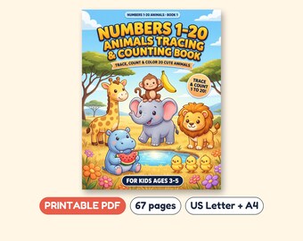 Number Tracing and Counting Workbook 1-20 with Animals, Printable PDF, Ages 3-5