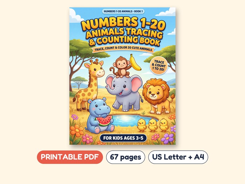 Number Tracing and Counting Workbook 1-20 with Animals, Printable PDF, Ages 3-5 image 1