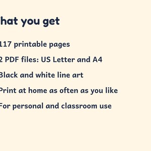 May include: A digital document listing features: 117 printable pages, 2 PDF files in US Letter and A4 sizes, black and white line art, print at home as often as you like, and for personal and classroom use. The text is dark blue on a cream background.