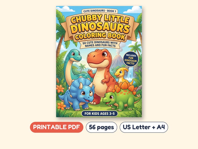 Chubby Little Dinosaurs Coloring Book, 50 Pages with Facts, Printable PDF, Ages 3-5 image 1