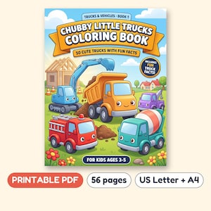 Chubby Little Trucks at Work Coloring Book, 50 Scenes, Printable PDF, Ages 4-8 image 1