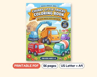 Chubby Little Trucks at Work Coloring Book, 50 Scenes, Printable PDF, Ages 4-8